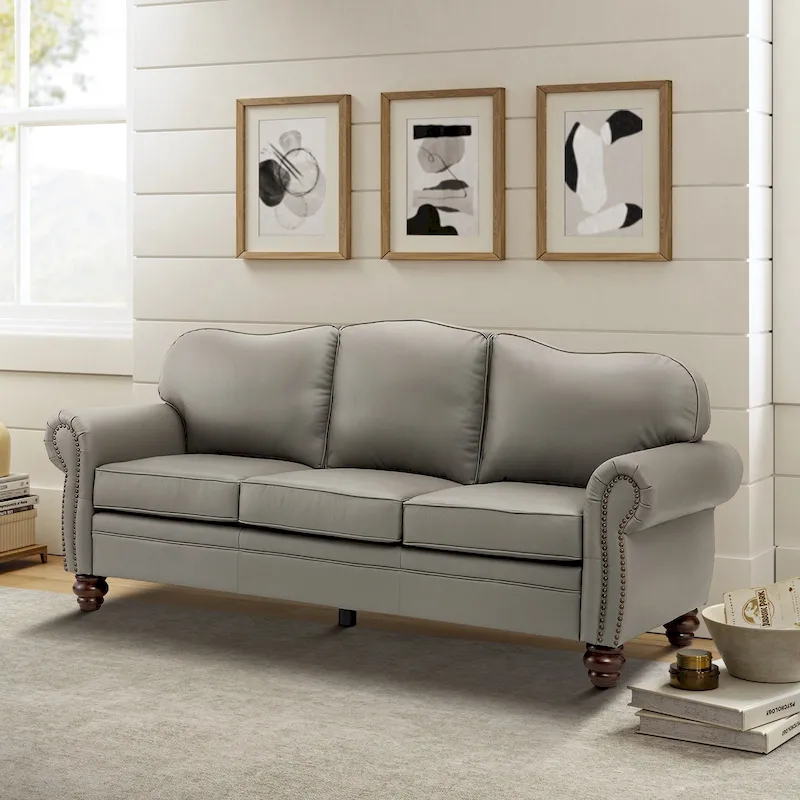 Balvino 81 Wide Transitional Genuine Leather Rolled Arm Sofa with Nailhead Trim and Removable Cushions