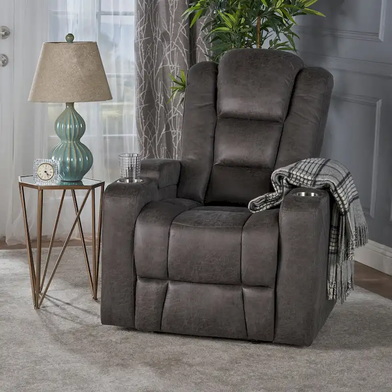 Roomfitters 33  Wide Power Standard Recliner Chair with Arm Storage and USB, Slate
