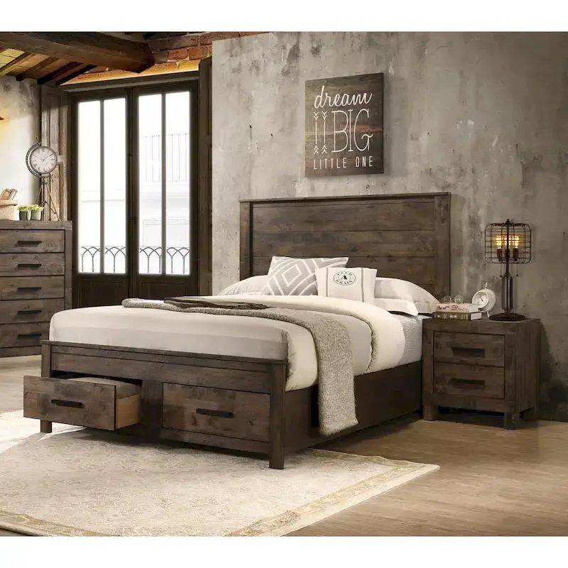 Wooden Eastern King Bed With Two Footboard Drawers in Golden Brown