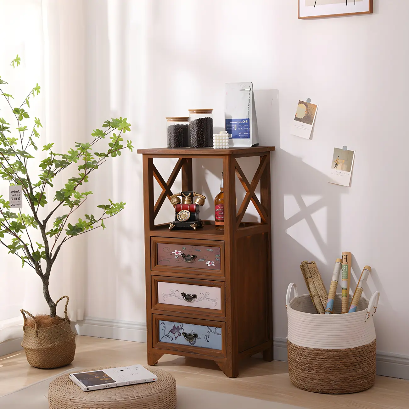 Industrial Rectangular Brown Wooden Drawer Cabinet