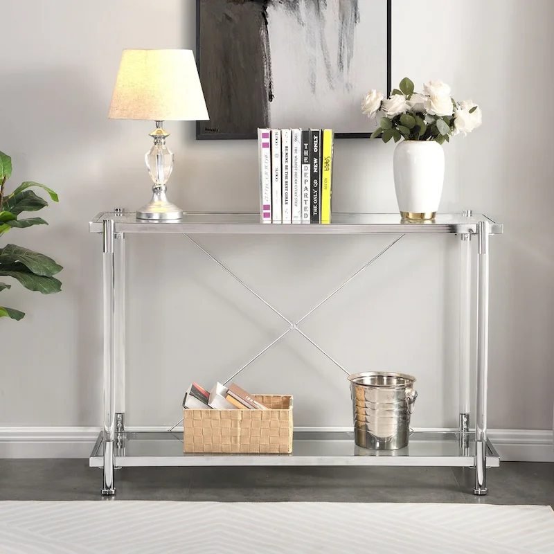 43.31 Chrome Glass Sofa Table, Acrylic Side Table, Console Table for Living Room& Bedroom