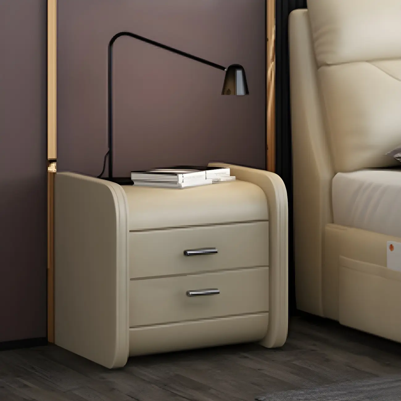 Modern Round Edge Nightstand with 2 Drawers in Beige Leather