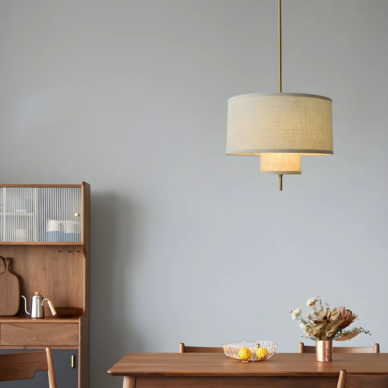 Modern Double Layer Fabric Drum Cylinder Chandelier Adjustable