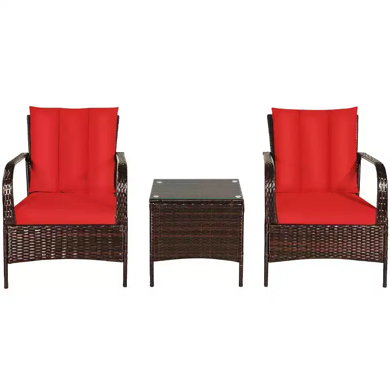 Costway 3 PCS Patio Wicker Rattan Furniture Set Coffee Table & 2 Rattan Chair W/Cushions