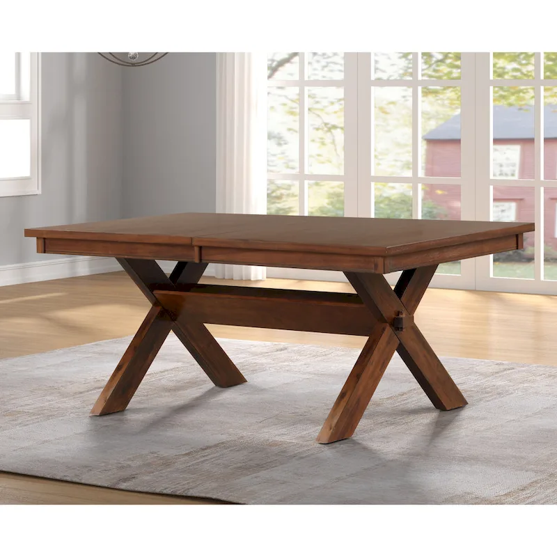 Karven Wood Trestle Extendable Dining Table with Leaf, Dark Hazelnut