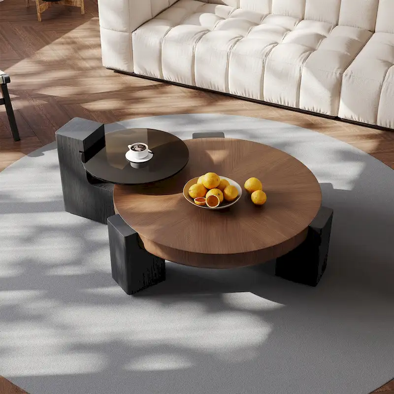 37  Modern Round Nesting Coffee Table,Mid Century Wood Coffee Table, Brown & Black Solid Wood Veneer, Set of 2