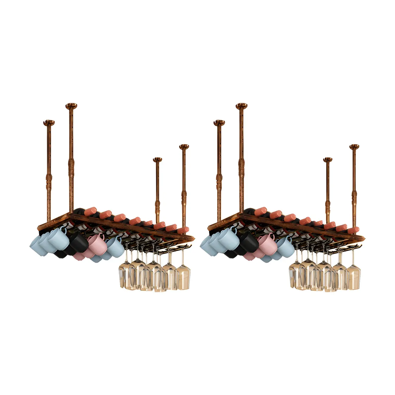 Industrial Metal Hanging Wine Rack with Glass Holder