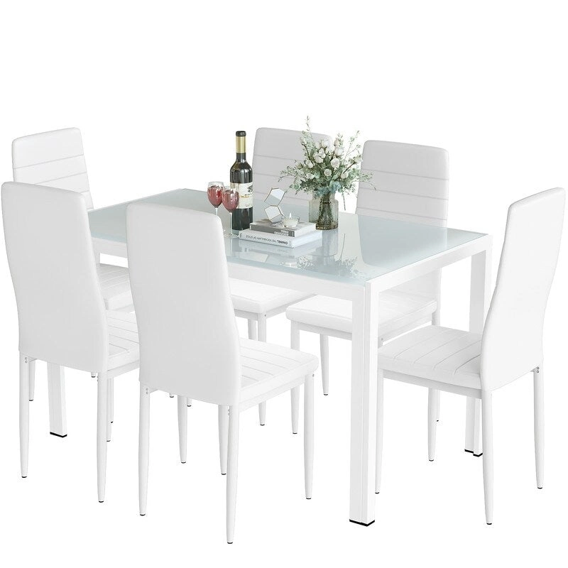 Grondin Modern Style 7-Piece Dining Room Table Set with Tempered Glass Tabletop and 6 PU Leather Upholstered Chairs
