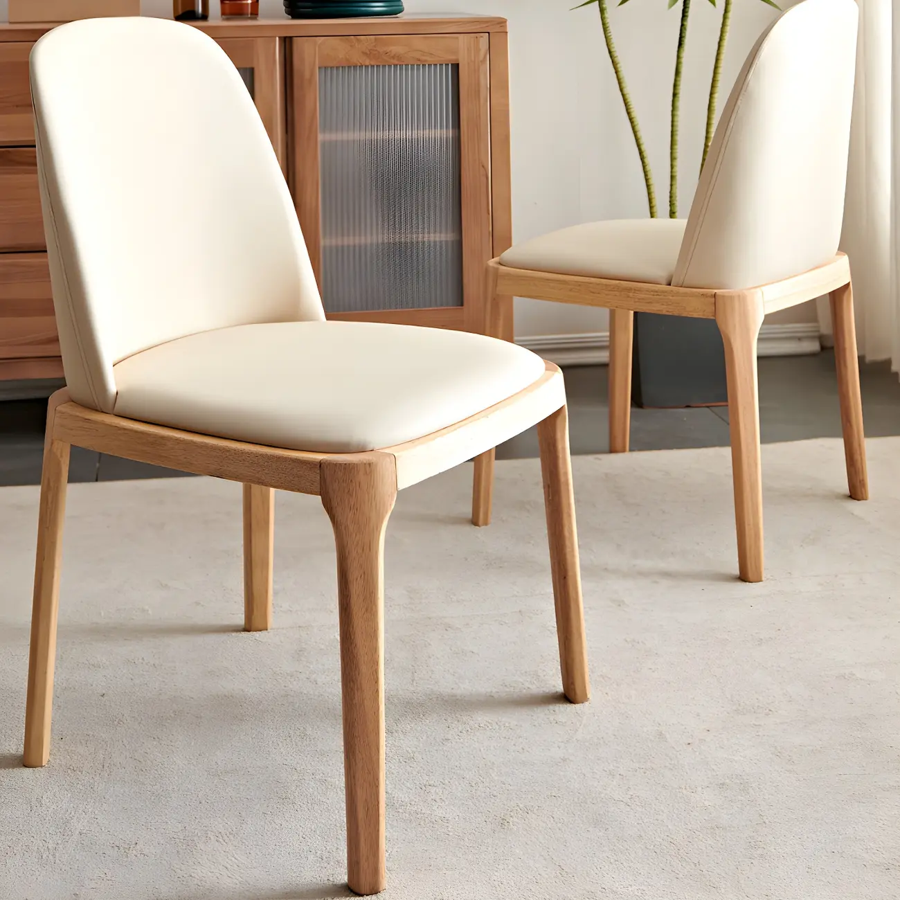 Cream Wood Faux Leather Solid Back Dining Chair