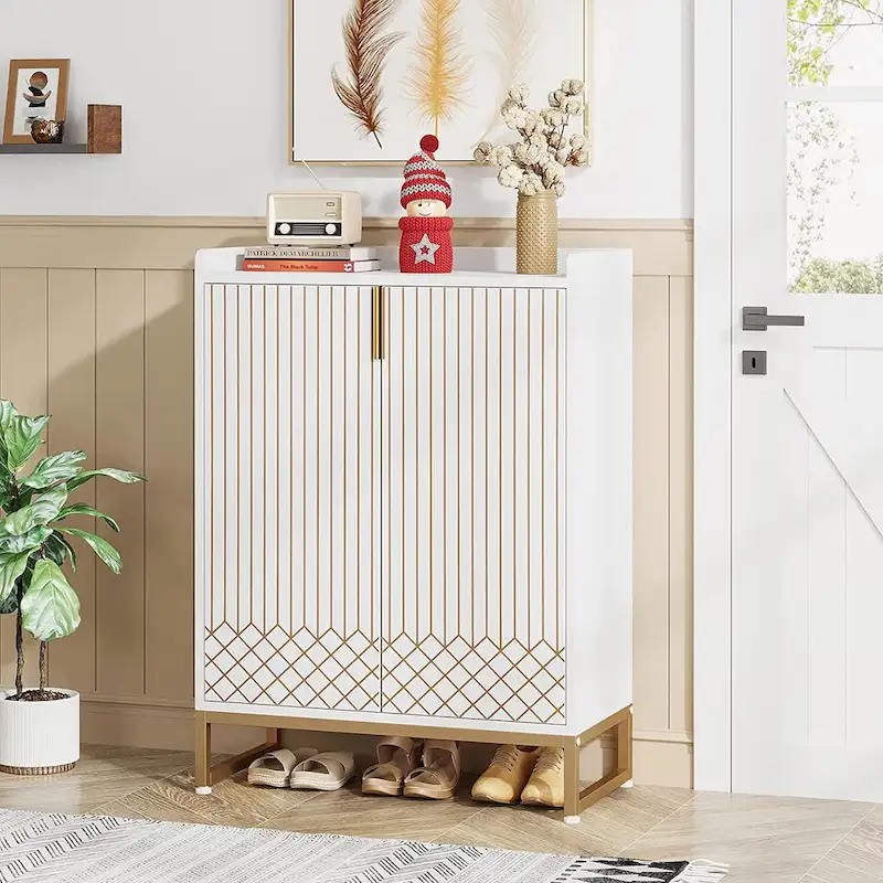 5-Tier Shoe Cabinet with Doors and Gold Accents