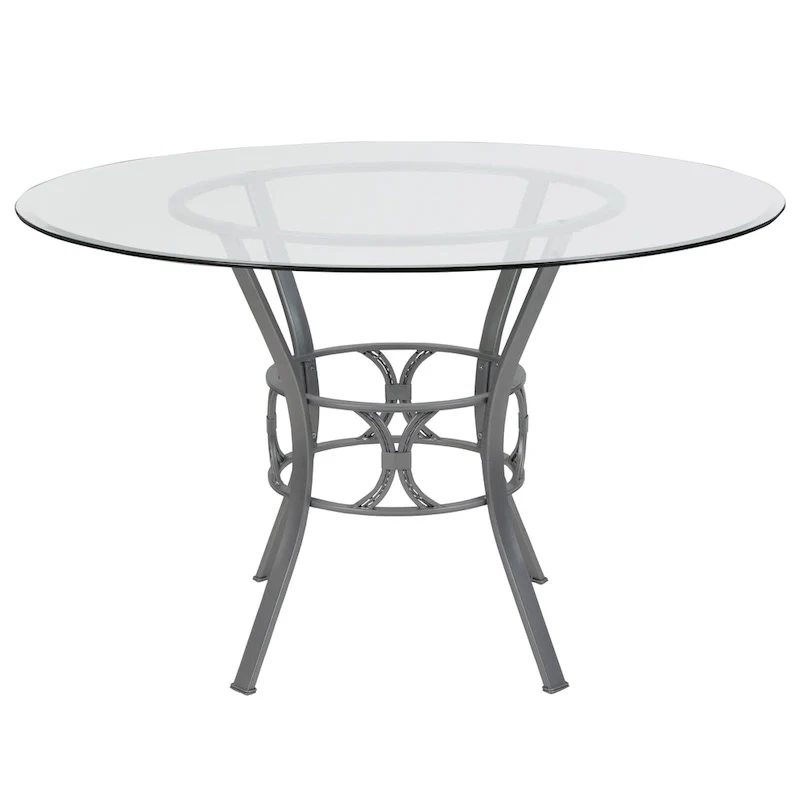 48 Round Glass Dining Table with Crescent Style Metal Frame - 48W x 48D x 29.5H - 48W x 48D x 29.5H