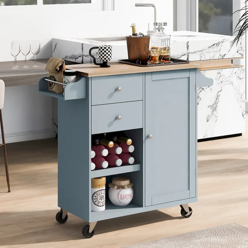 41.3 in. Rolling Kitchen Island with Spice Rack and Two Drawers