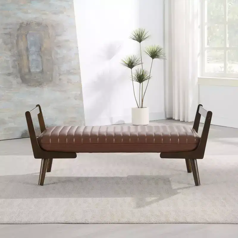 TUYOHW 52 Modern Bench,Channel Tufted Upholstered Storage Bench with Walnut Wood Legs,Faux Leather Footrest Stool for Living Room,Bedroom,Entryway