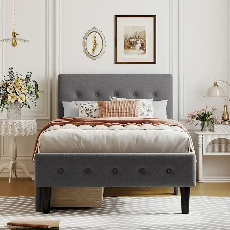 Twin Size Upholstered Platform Bed w/ 2 Drawers Storage Bed & Tufted Headboard Panel Bed No Box Spring Needed, Easy Assembly