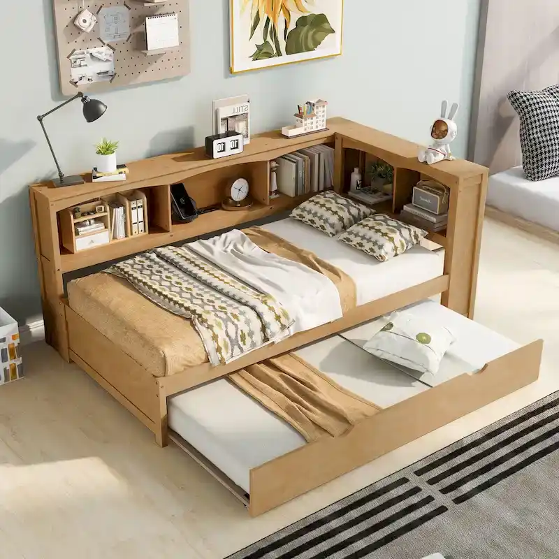 White/Wood Twin Daybed with Trundle, 5 Storage Cabinets & USB Charging – Sleeps 2