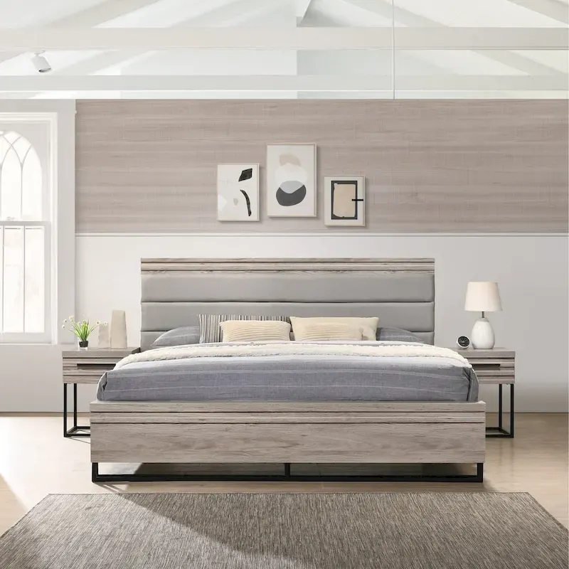 3-Piece Upholstered Wood Bedroom Set, Panel Bed and Two Nightstands, Weathered Gray