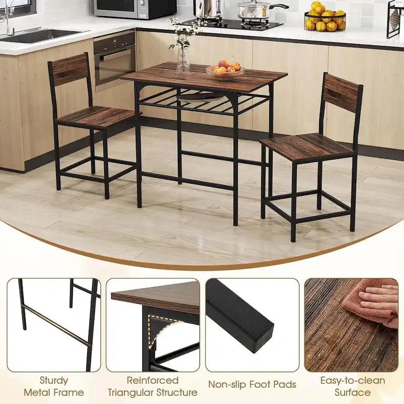 3PCS Dining Table Set Industrial Breakfast Nook Table Set w/ Wine Rack