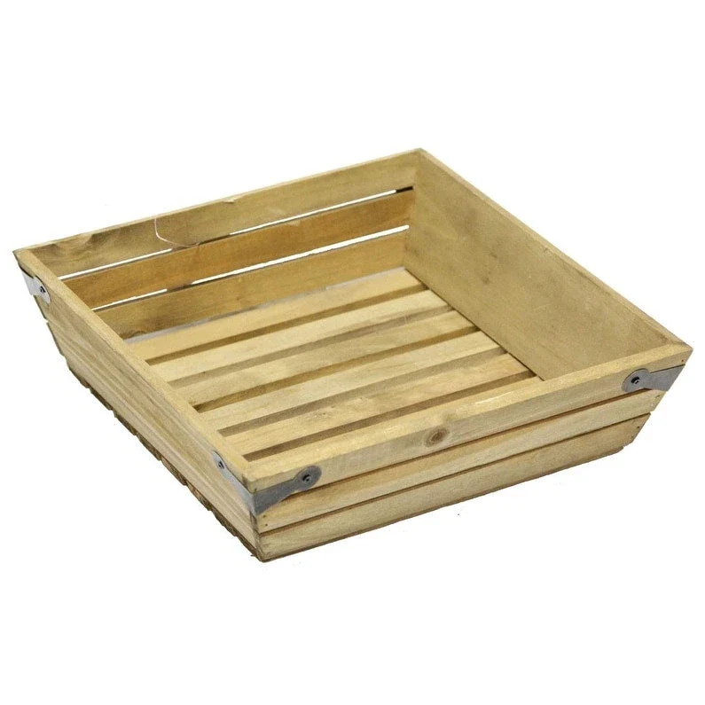Natural wood small shallow square crate with metal corner design