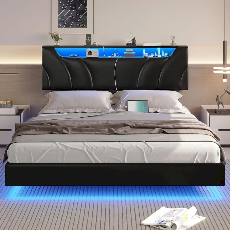 LED Floating Bed Frame Hidden Storage Headboard Type-C & USB