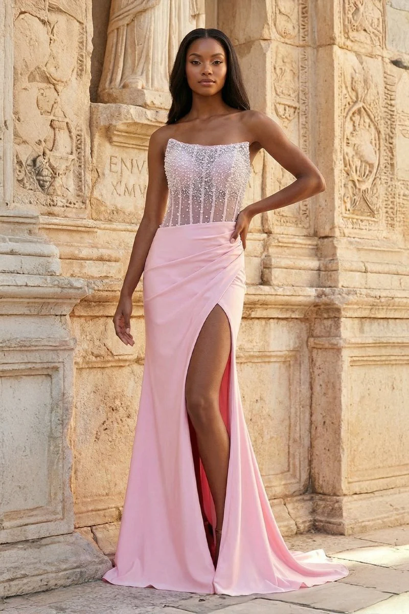 Pink Mermaid Strapless Satin Beaded Long Prom Dresses With Slit