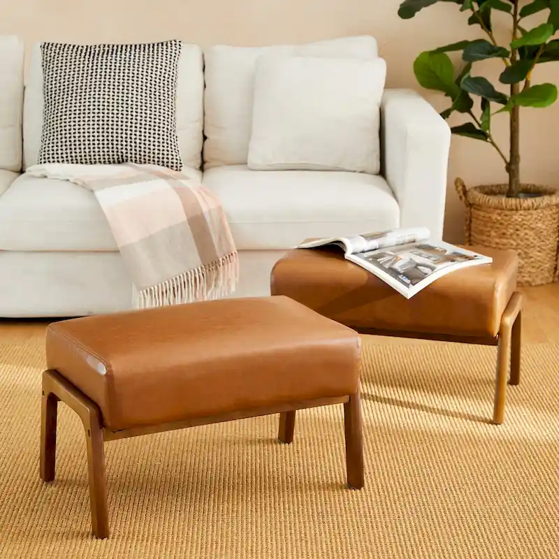 Brown Mid-Century Faux Leather Ottoman Accent Stool, Set of 2