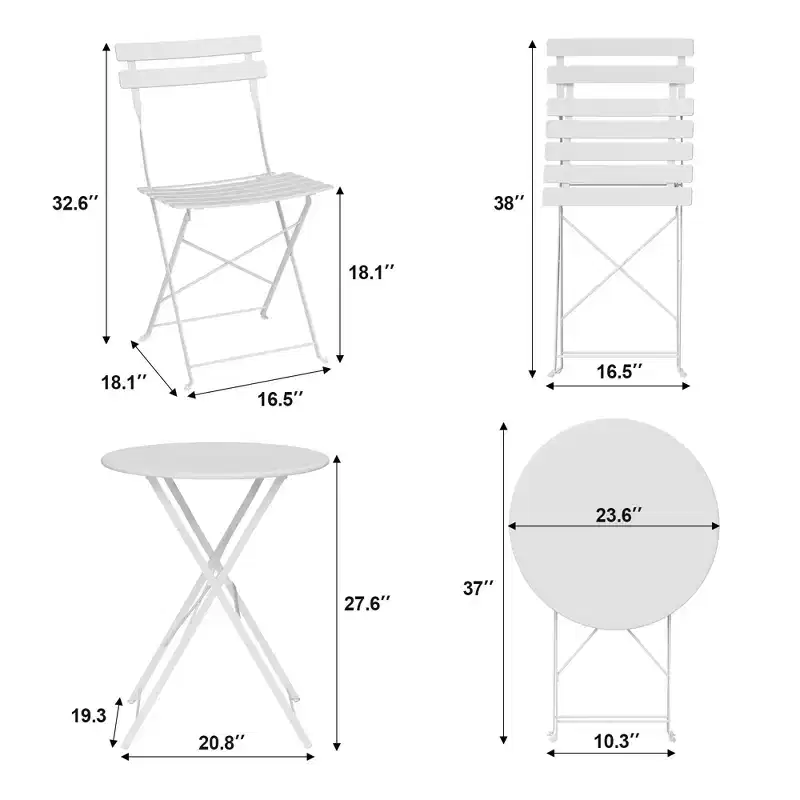 Space-Saving 3-Piece Steel Patio Bistro Set - Folding Table & 2 Chairs, Superior Frame, Weather Resistant, No Assembly, Portable for Garden, Balcony