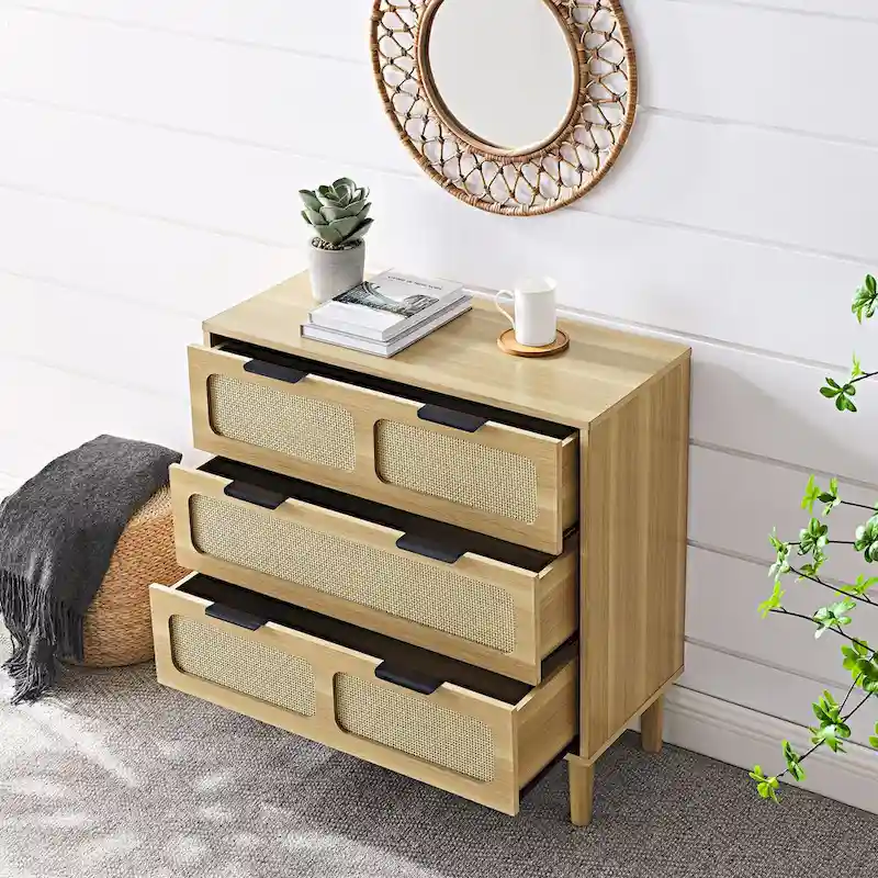 Modern Rattan Dresser Cabinet With Wide Drawers And Metal Handles