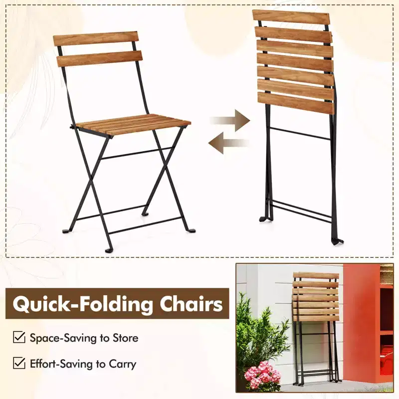 Costway 3 PCS Patio Acacia Wood Bistro Set Bistro Table with 2 Folding Chairs Slatted Seat Brown/Gray