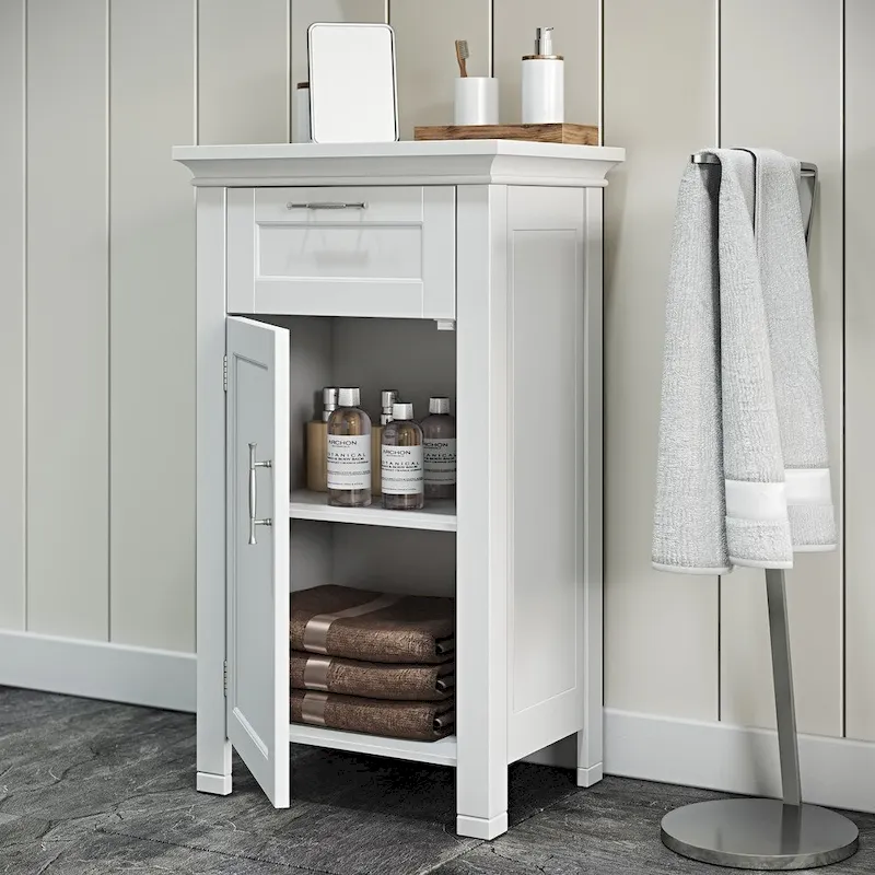 RiverRidge Somerset Single Door Bathroom and Laundry Storage Cabinet with Drawer and Adjustable Shelf - White