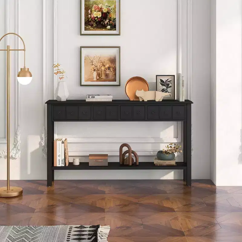Costway 60 Console Table Retro Entryway Sofa Table with 4 Drawers & Open Shelf Hallway White/Black