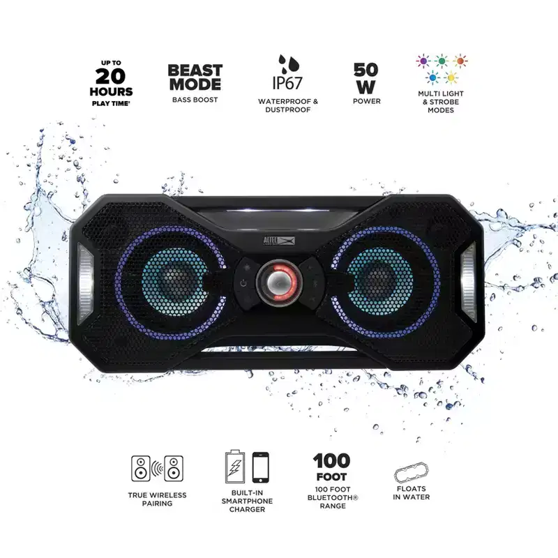 Altec Lansing Mix 2.0 - Waterproof Bluetooth Portable Speaker with Strong Bass for Travel & Outdoor Use