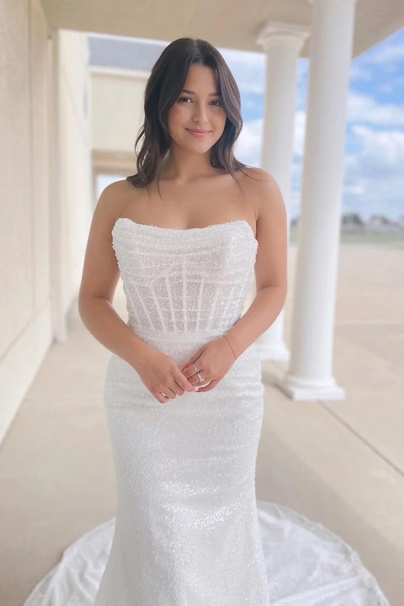 Sparkly White Sequins Mermaid Strapless Wedding Dresses