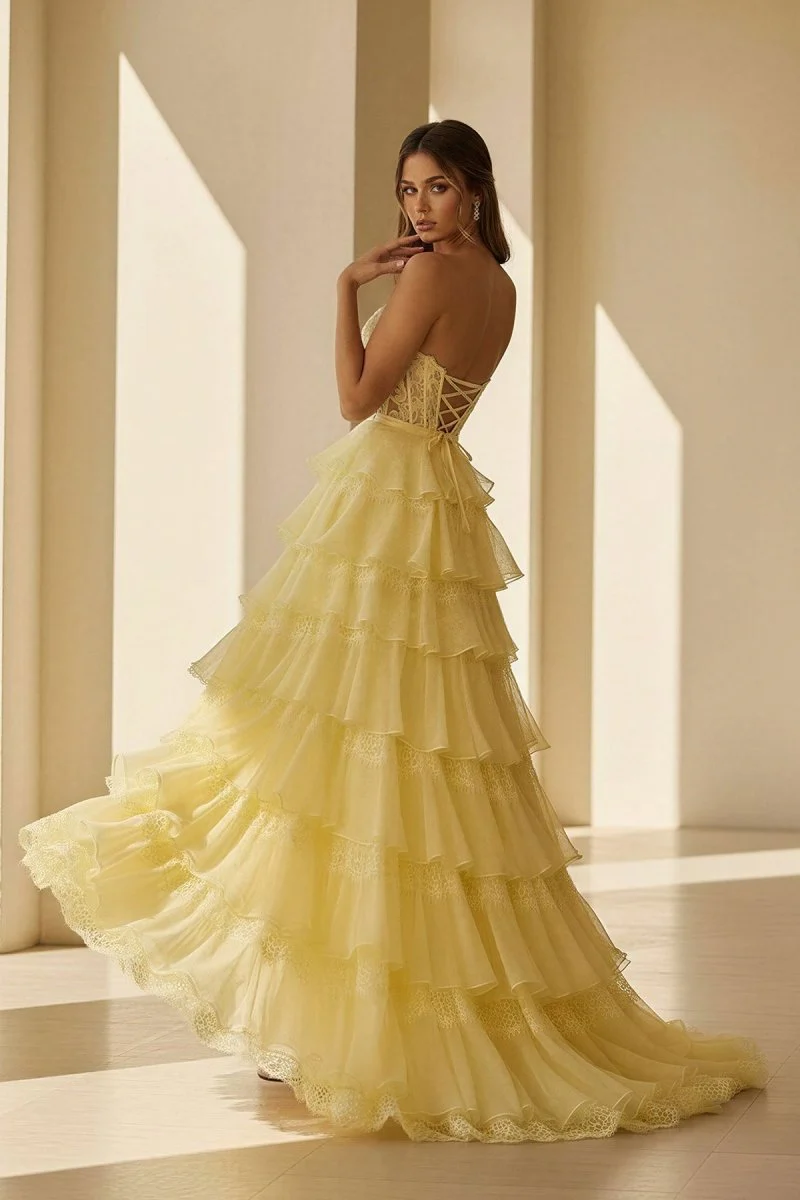 Yellow - Strapless A Line Chiffon Tiered Prom Dresses With Bow