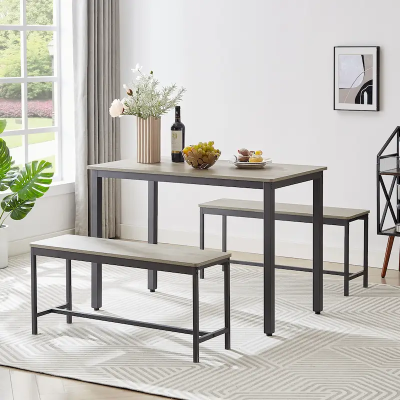 Industrial Rectangle Dining Table Set with 2 Benches Breakfast Nook Dining Table Set Kitchen Dining Table Set Metal Legs