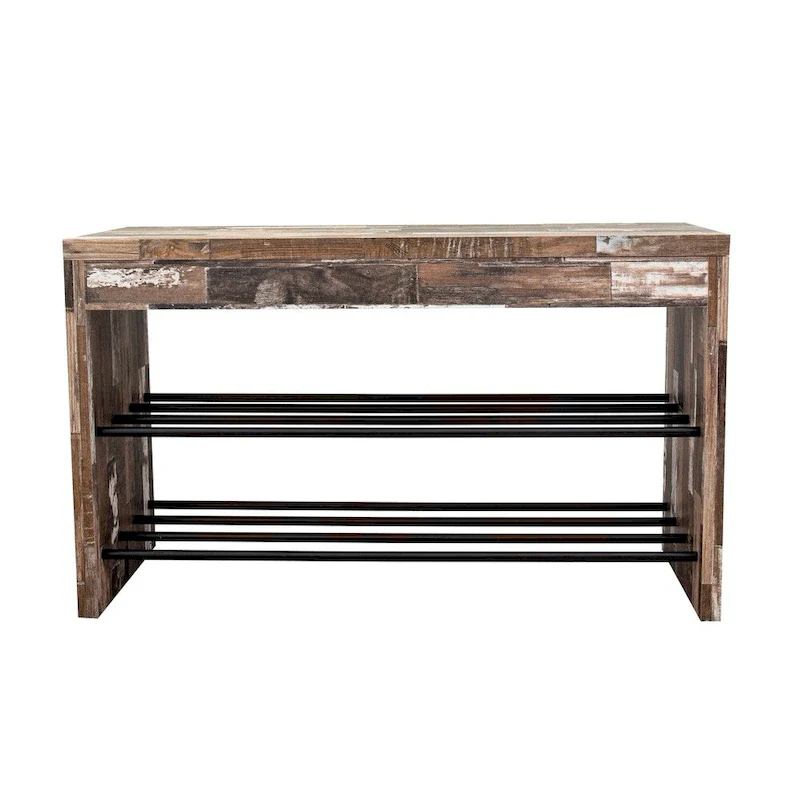 Two-Tier Shoe Bench - Brown Distressed Wood with Iron Shelves