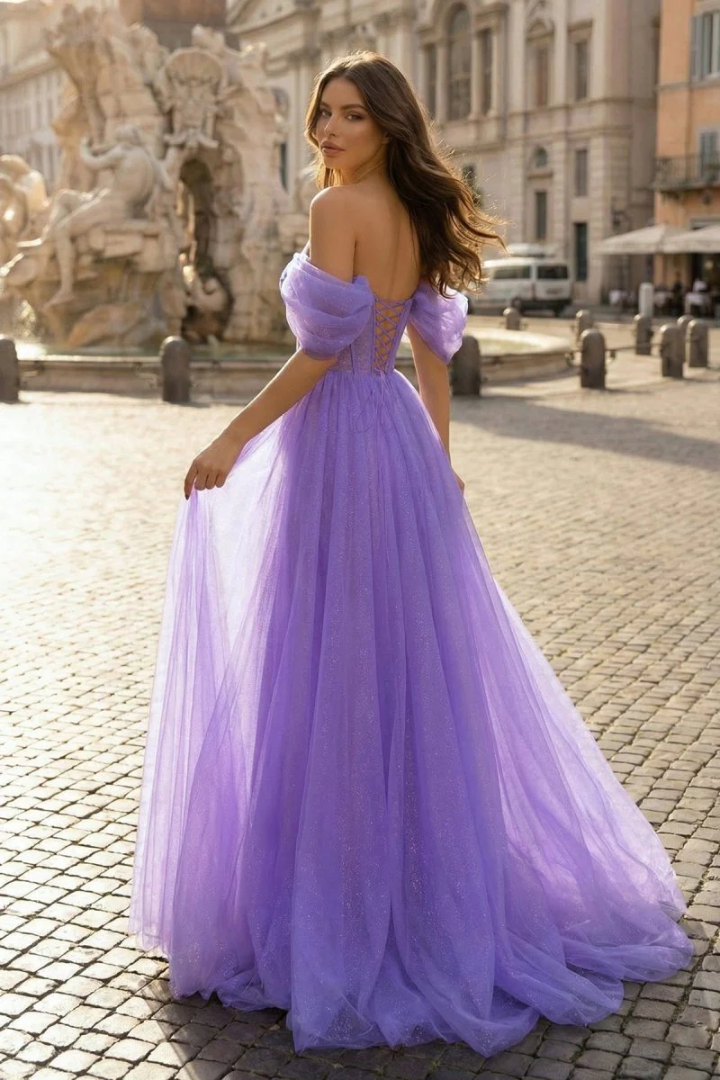 Purple Tulle Long A-Line Prom Dress Off the Shoulder Evening Party Dress