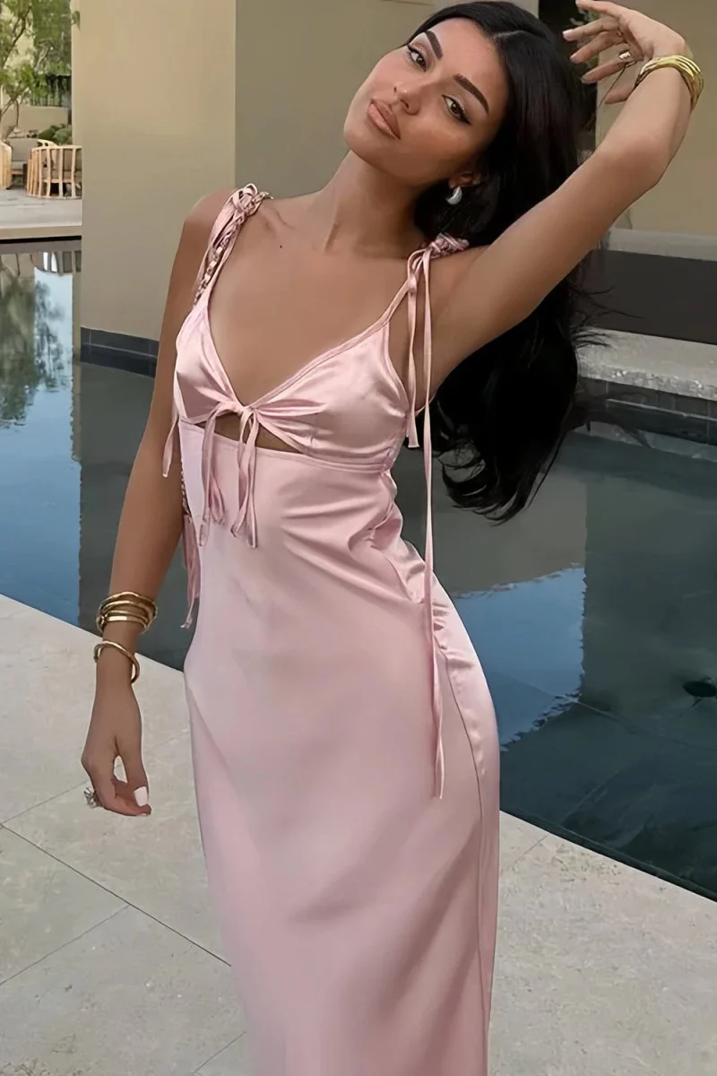 Pink Sheath Spaghetti Straps Satin Long Prom Dresses With Keyhole