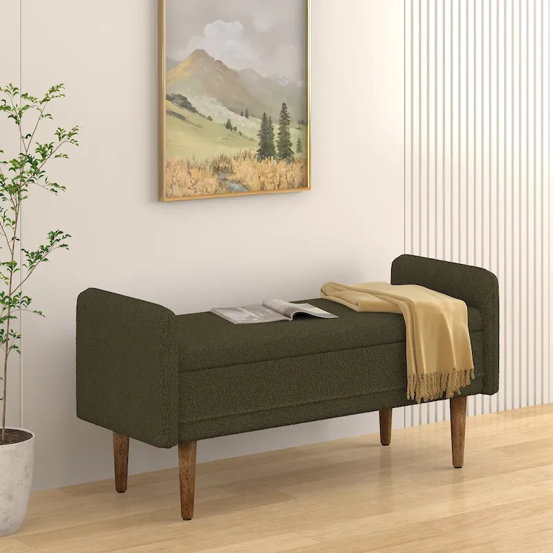 Beige / Green / Black Linen Storage Bench, 2-Person, with Hidden Storage