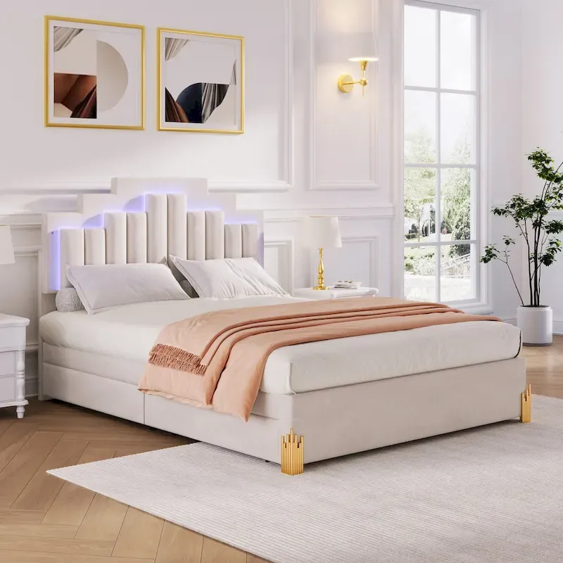 Beige Upholstered Platform Bed (with Lighting and Drawers)