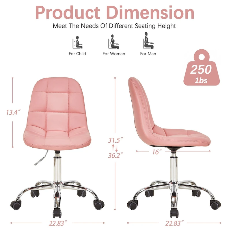 Javlergo Armless Home Office Chair, Height Adjustable Computer Desk Chair with Wheels