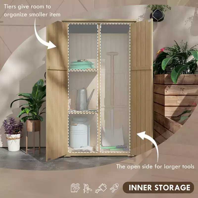 Wooden Outdoor Storage Cabinet Garden Shed with Waterproof Asphalt Roof and Lockable Doors, Natural
