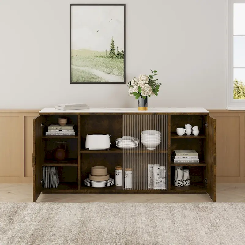 White & Black Brown Wood Side Cabinet with 2 Solid Doors & 1 Glass Door