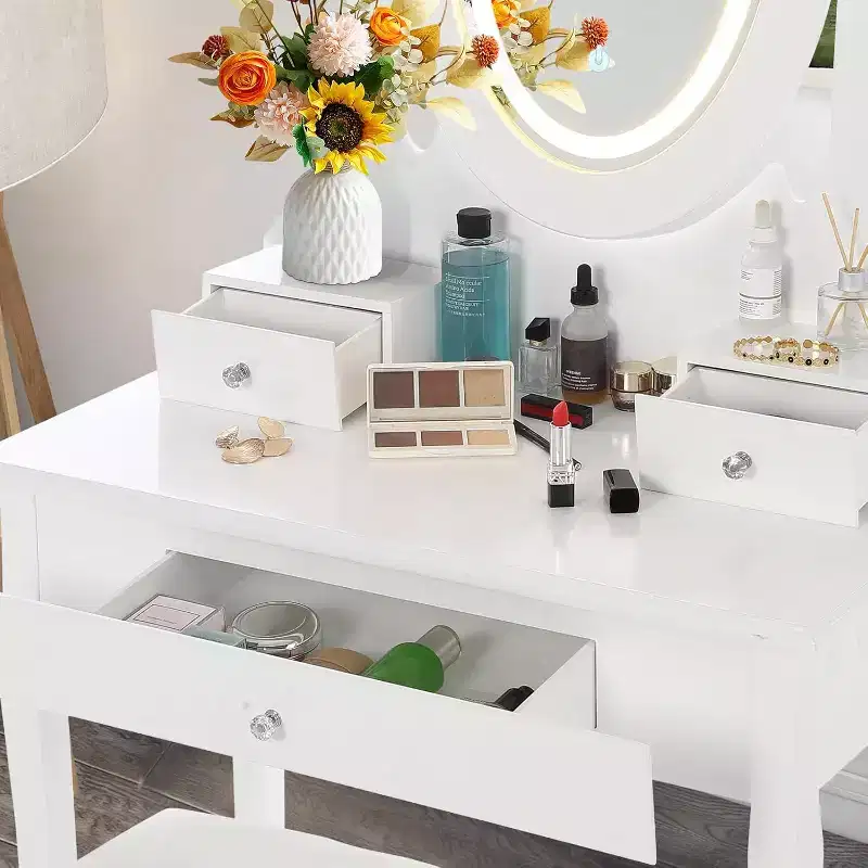 Vanity Desk with Mirror & LED Lights, Makeup Table with Cushioned Stool, 3 Color Lighting Modes, 3 Storage Drawers, Bedroom Dressing Table