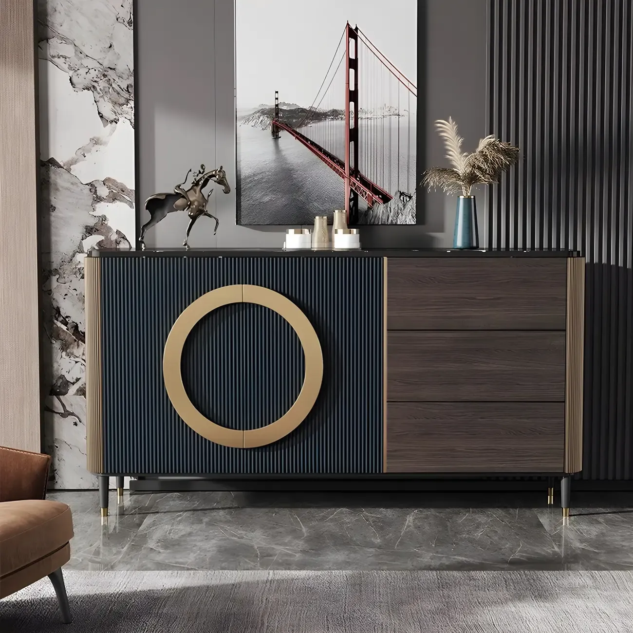 Glam Espresso Wood Buffet Table with Drawers & Cabinets