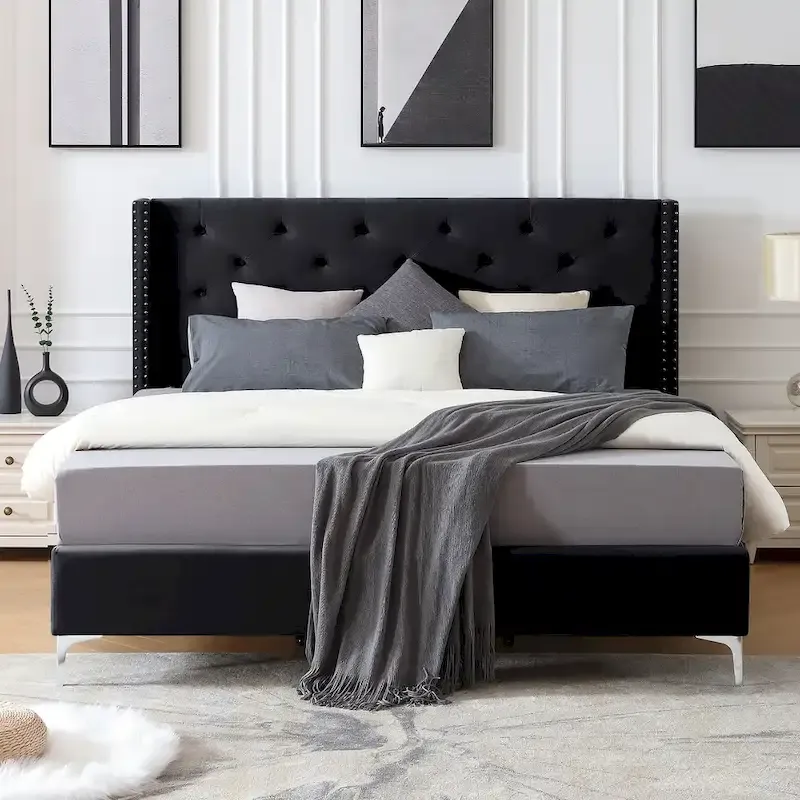 Blue / Black / Grey / Beige Velvet Platform Bed Frame, King, 2-Person