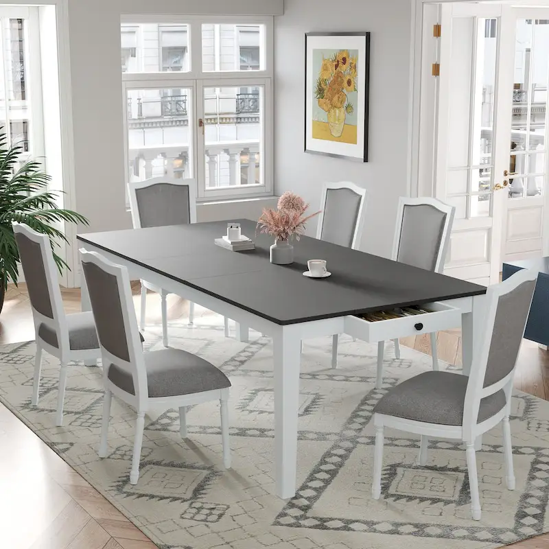 7 Pcs Dining Table Set, Solid Wood Table and Chairs Set with Extendable Dining Table, 2 Drawers and 6 Upholstered Chairs