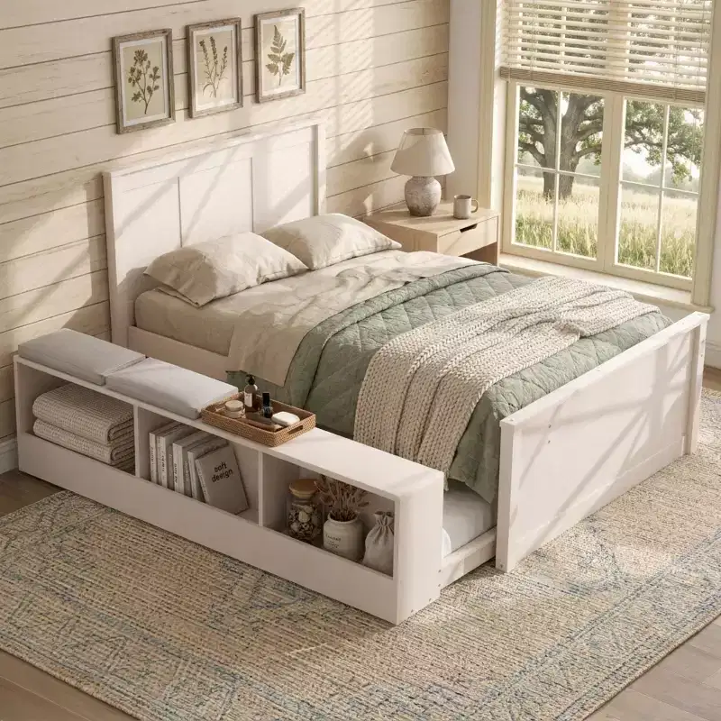 Cream White / Natural Solid Wood Platform Bed with Trundle & Storage, Twin/Full, Sleeps 1–2