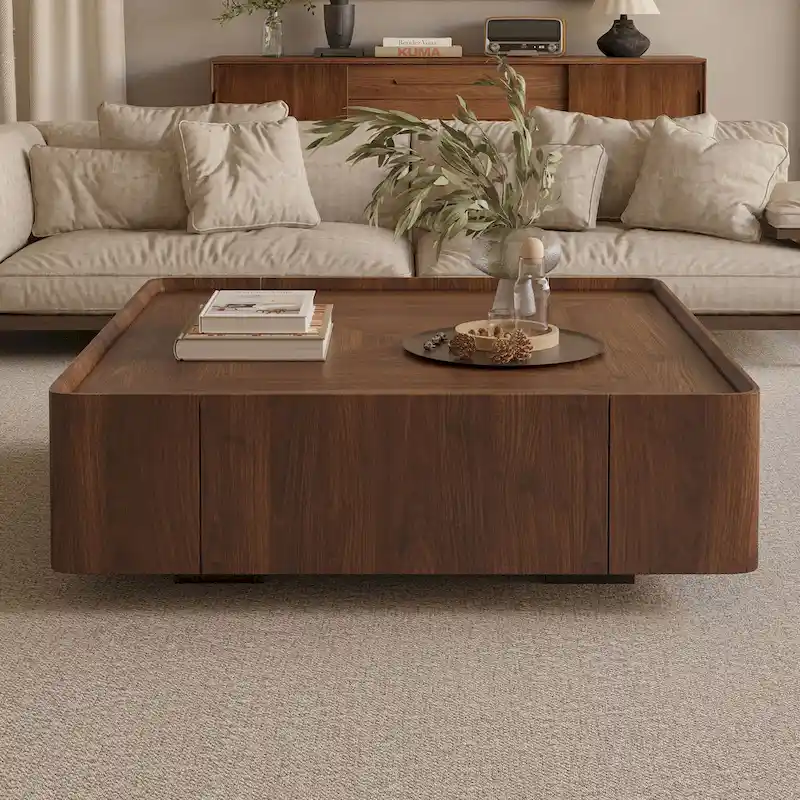 Mid-Century Modern Suqare Wood Finish Coffee Table with Drawers