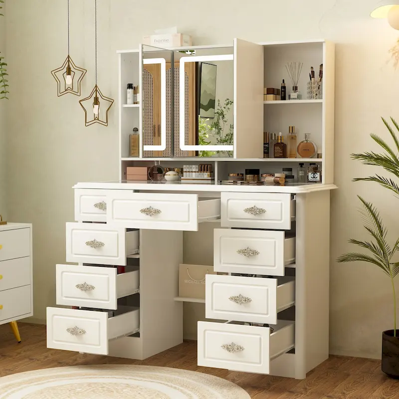Makeup Vanity Table with LED Mirror and 9 Drawers – White, 3-Color Light, Seats 1