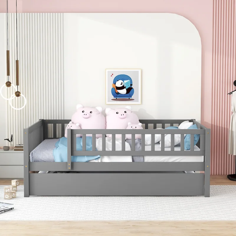 Full Size Wood Daybed with Trundle and Fence Guardrails